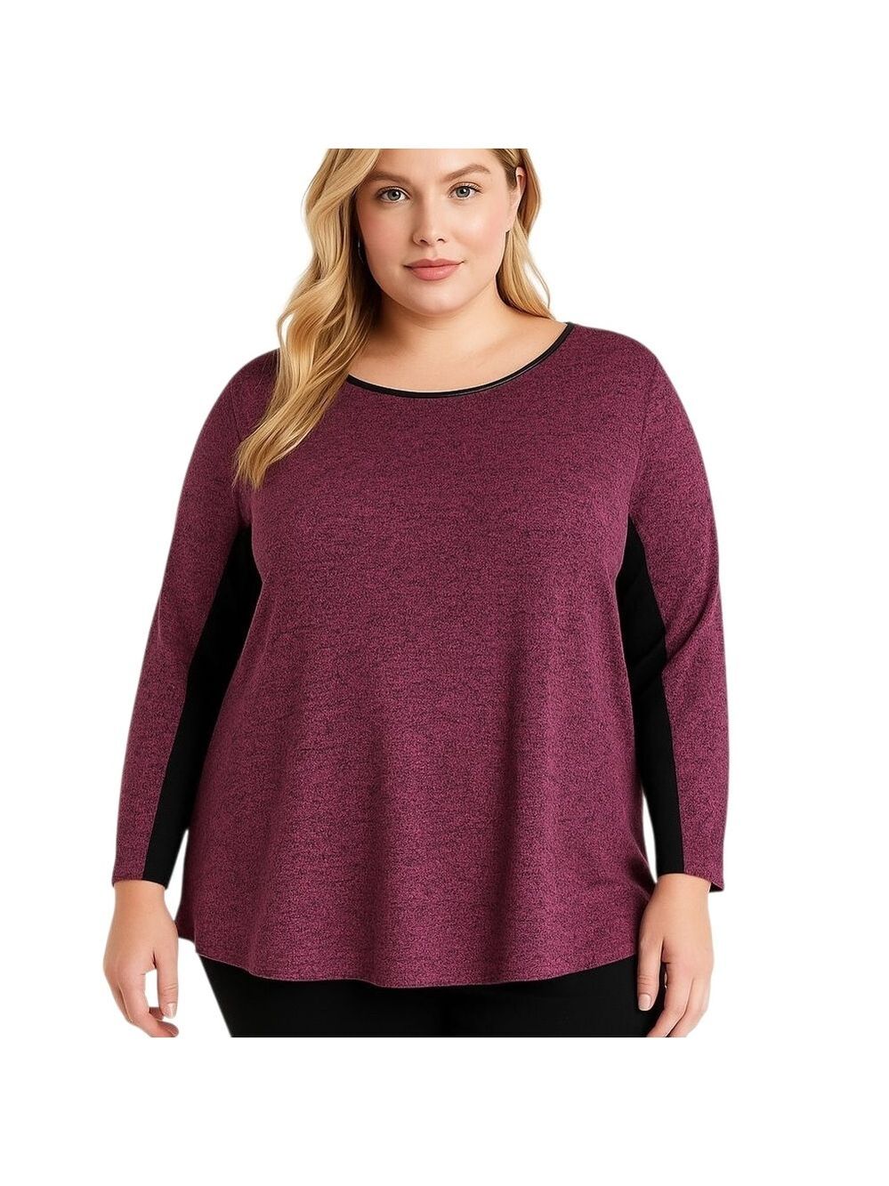 APT. 9 Women’s 1X Plum Heathered Knit Top Black Inserts Faux Leather Trim